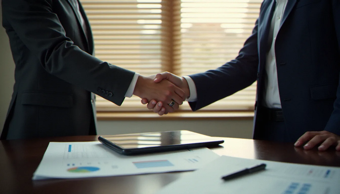 Poignée de main entre un banquier corporate et un dirigeant d'entreprise lors d'une signature de partenariat stratégique, illustrant les raisons de choisir un partenaire bancaire de premier rang