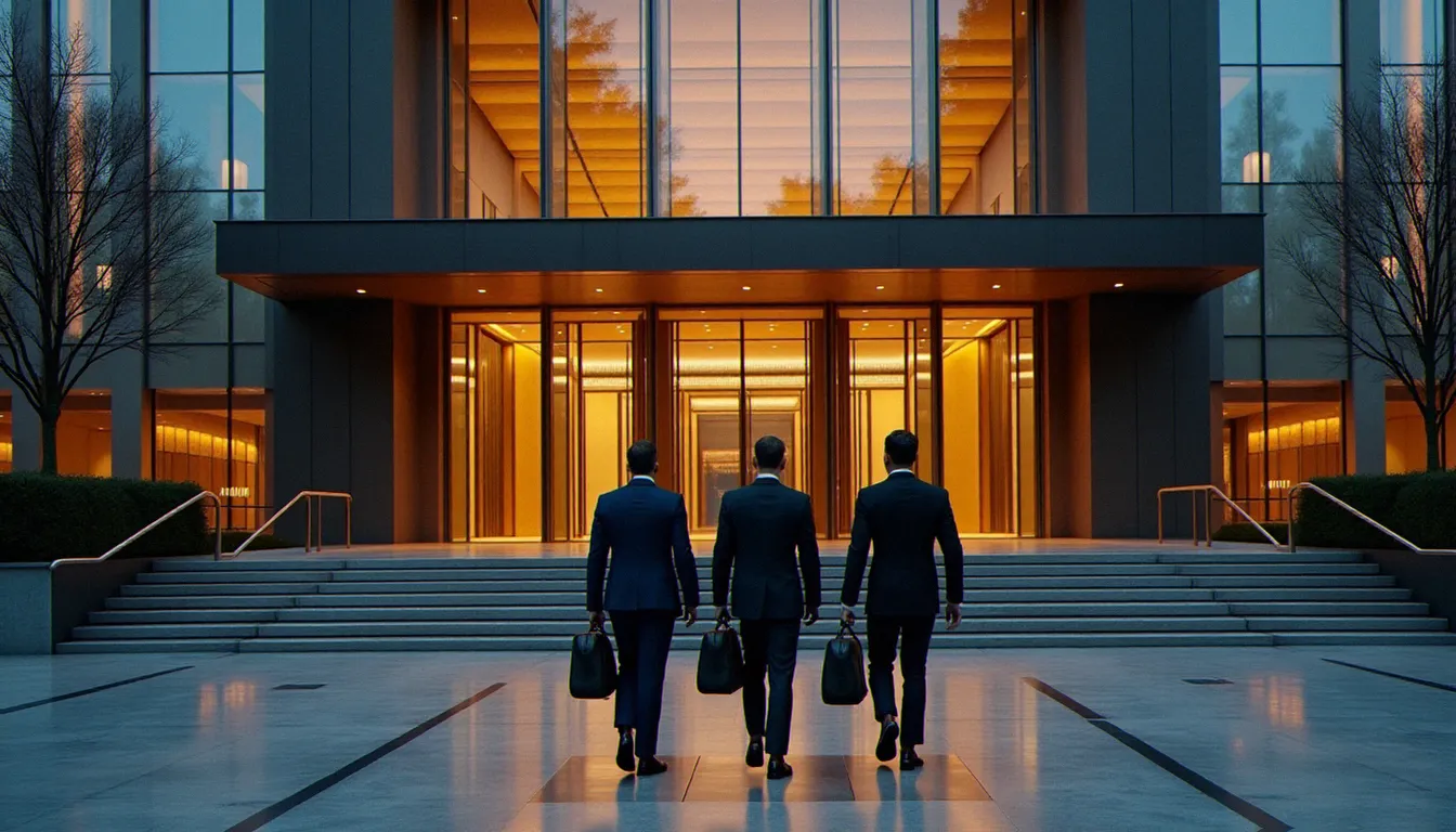 Siège social d'une grande banque corporate parisienne au lever du soleil, illustrant l'univers du corporate BNP Paribas avec des dirigeants d'entreprise à l'entrée