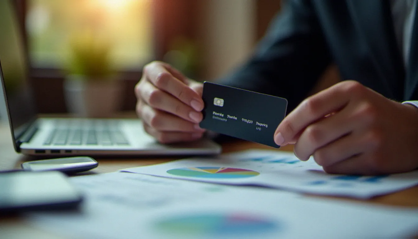 Mains d'un cadre tenant une carte corporate professionnelle au-dessus de documents financiers, illustrant la gestion des dépenses d'entreprise