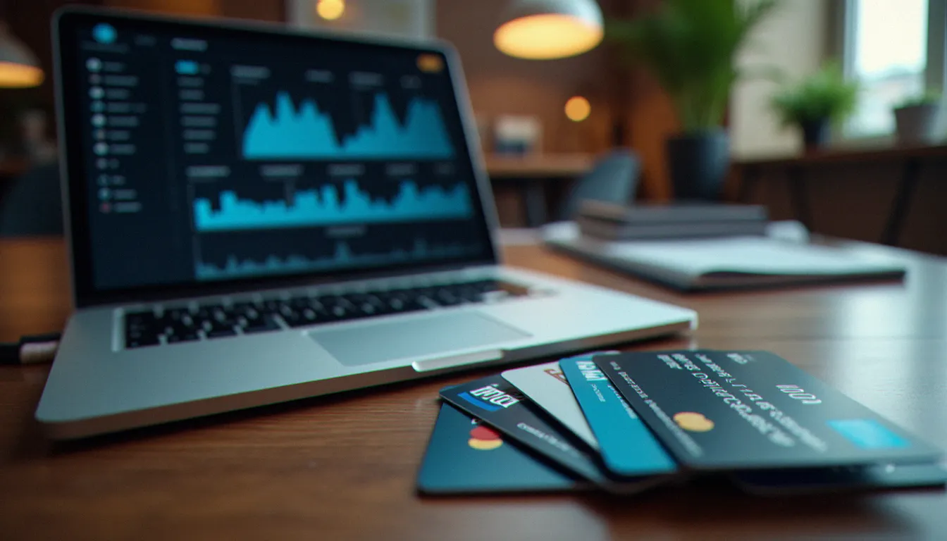 Plusieurs cartes corporate professionnelles posées sur un bureau avec un tableau de bord financier en arrière-plan, symbolisant les différents types de corporate cards BNP disponibles