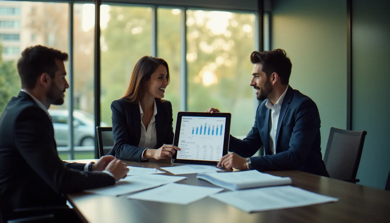 Équipe de direction réunissant pour comparer les rapports de dépenses d'entreprise et choisir le programme de cartes corporate adapté à leur PME