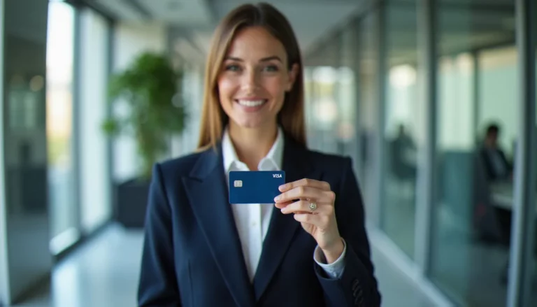Dirigeante d'entreprise tenant une corporate card BNP dans un bureau moderne à Paris, illustrant la gestion des dépenses professionnelles