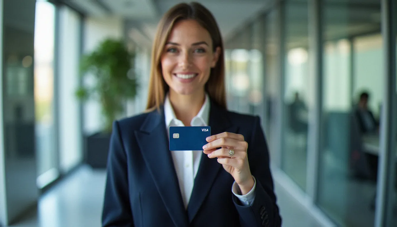 Dirigeante d'entreprise tenant une corporate card BNP dans un bureau moderne à Paris, illustrant la gestion des dépenses professionnelles