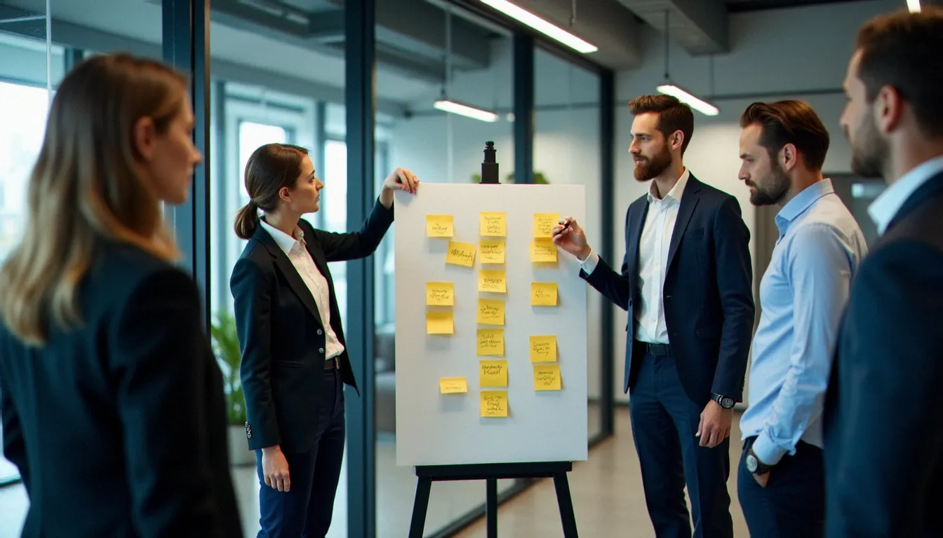 Atelier de stratégie corporate avec une équipe de direction travaillant sur un tableau blanc lors d'un workshop de gouvernance d'entreprise