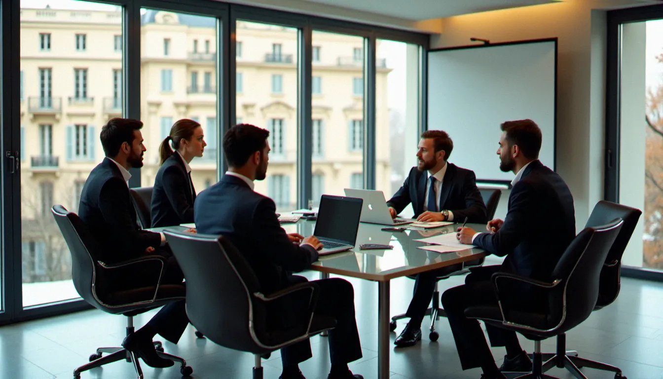 Réunion corporate dans une salle de conférence moderne à Paris, illustrant la définition et la stratégie corporate en entreprise