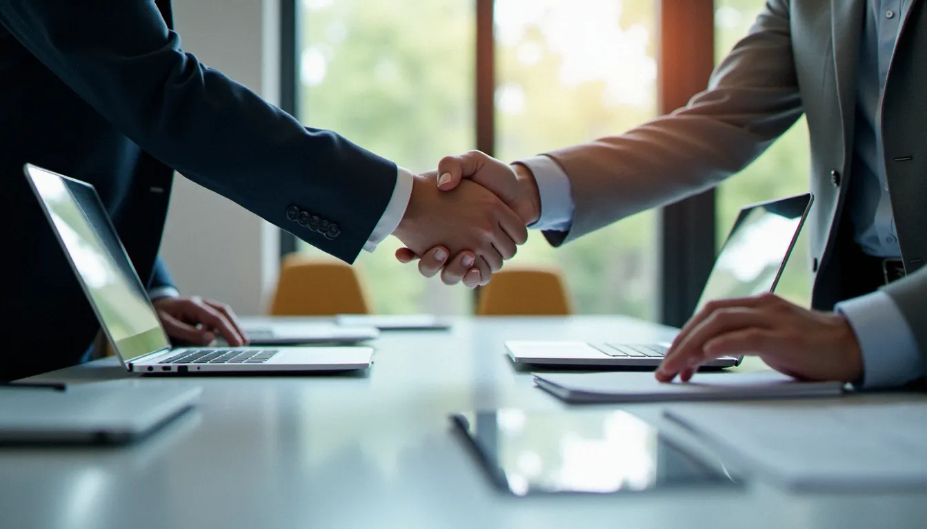 Deux dirigeants B2B se serrant la main lors d'une réunion stratégique, symbolisant la confiance générée par une communication corporate cohérente