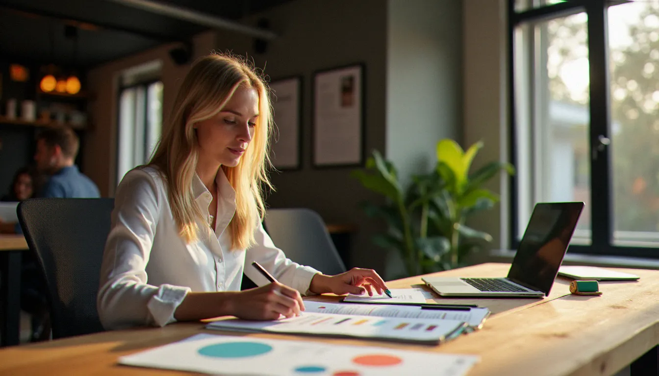 Une dirigeante de PME consultant une charte d'identité corporate sur son bureau dans un espace de travail moderne, illustrant la mise en place d'une stratégie corporate accessible aux petites entreprises