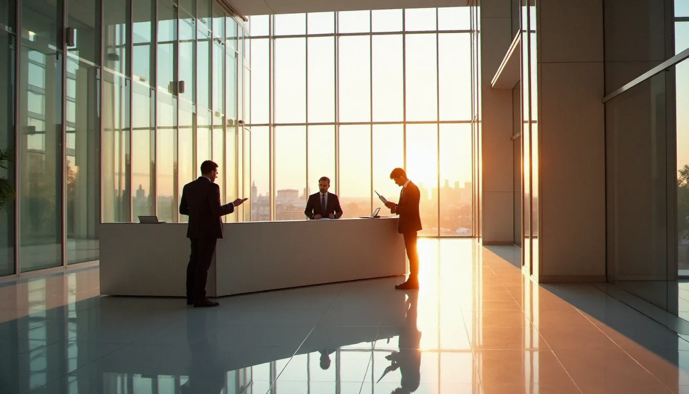 Vue d'un hall d'entrée corporate moderne à Paris avec des professionnels en réunion debout, illustrant l'image et l'identité corporate d'une entreprise B2B
