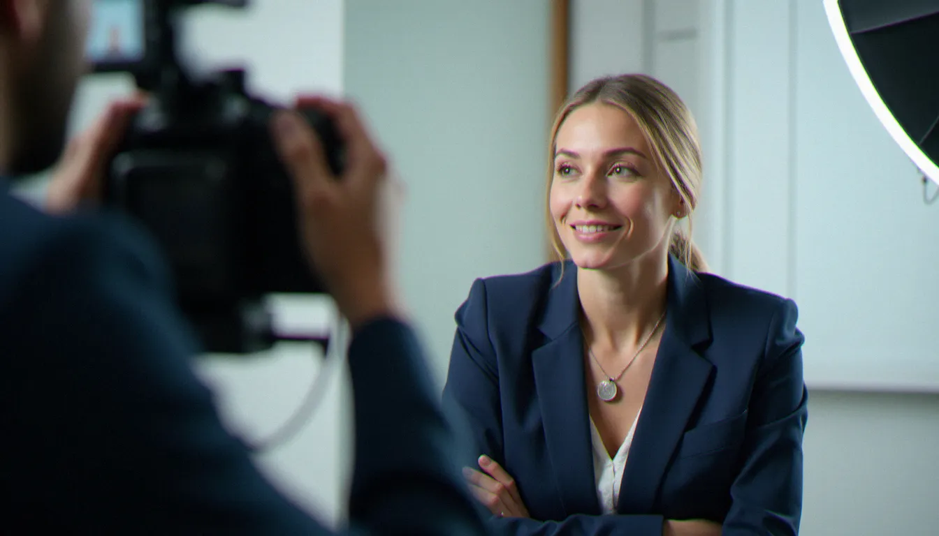 Tournage d'un témoignage pour un film d'entreprise, une dirigeante en veste marine face à la caméra dans un studio épuré avec éclairage professionnel