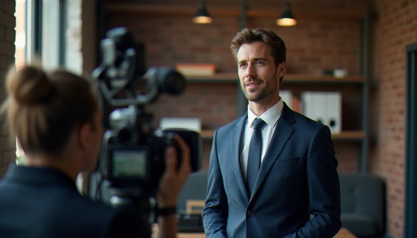 Dirigeant d'entreprise filmé lors d'une interview corporate dans un espace de bureau moderne, illustrant la transformation de l'image de marque par la vidéo professionnelle
