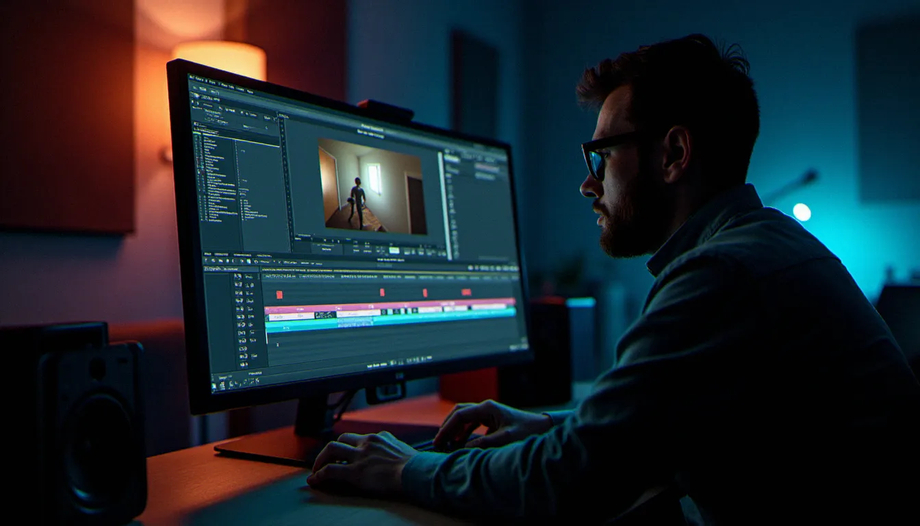 Monteur vidéo travaillant sur le montage d'un film corporate en salle de post-production, avec un logiciel de color grading ouvert sur grand écran