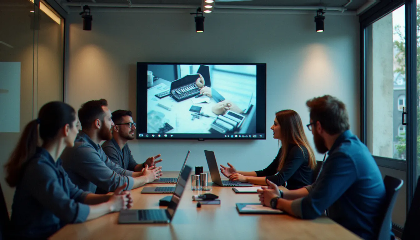 Équipe B2B visionnant un film corporate en salle de réunion, symbolisant l'impact stratégique de la vidéo d'entreprise dans le processus de décision commercial