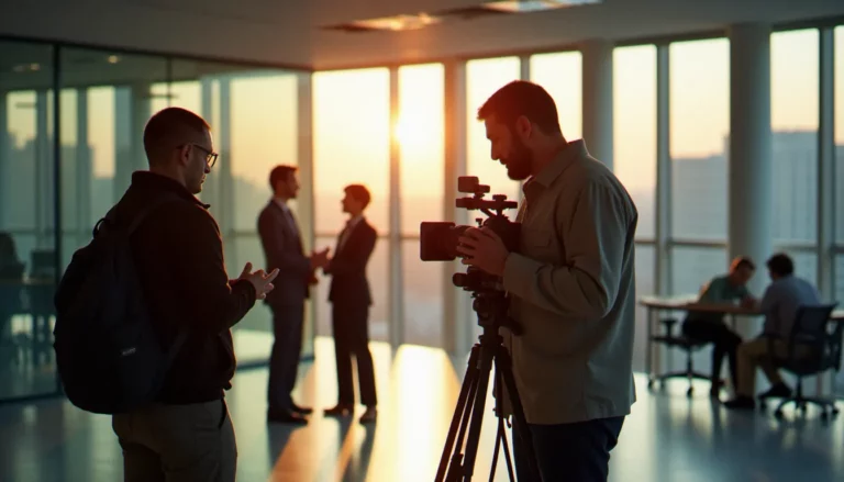 Tournage d'un corporate est film dans un bureau moderne, avec une équipe de production positionnant une caméra cinéma devant des professionnels en costume