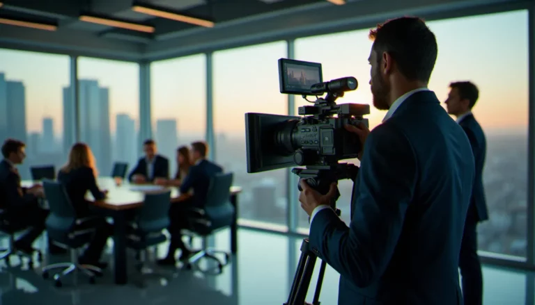 Équipe de production en train de réaliser un corporate est film dans un bureau moderne, avec caméra professionnelle et moniteur de supervision au premier plan