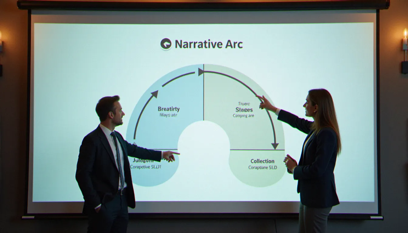 Deux professionnels B2B debout devant un grand écran présentant la structure narrative en trois actes d'une stratégie de contenu corporate