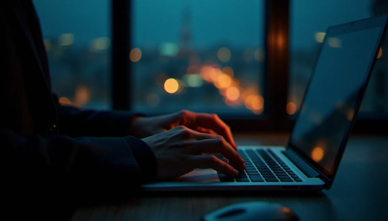 Mains d'un rédacteur travaillant intensément sur un contenu corporate la nuit avec Paris en arrière-plan, évoquant la tension créative propre à l'approche du corporate comme film suspense