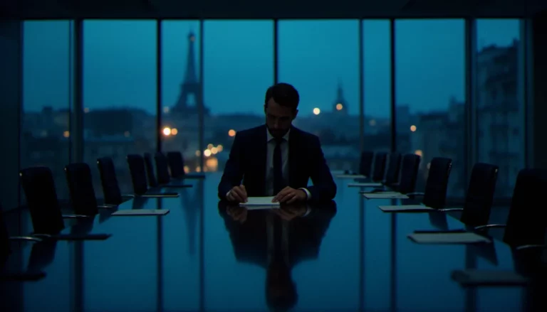 Dirigeant d'entreprise seul dans une salle de réunion parisienne au crépuscule sous un éclairage dramatique, illustrant la tension narrative du corporate comme film suspense