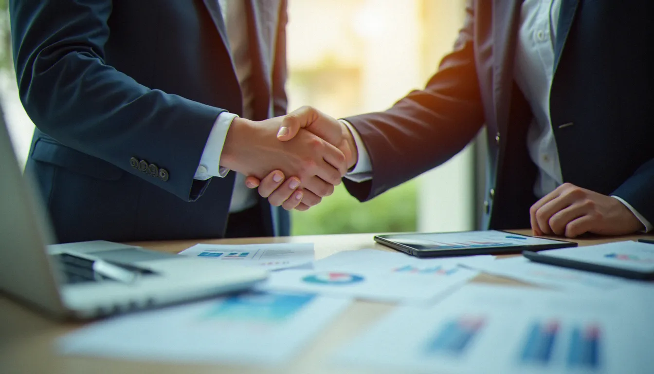 Deux professionnels concluant un accord de financement d'entreprise avec des documents financiers sur le bureau