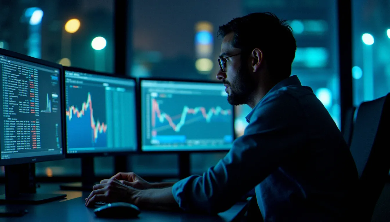 Analyste financier travaillant sur un modèle de valorisation DCF en corporate finance, écrans multiples dans un bureau moderne
