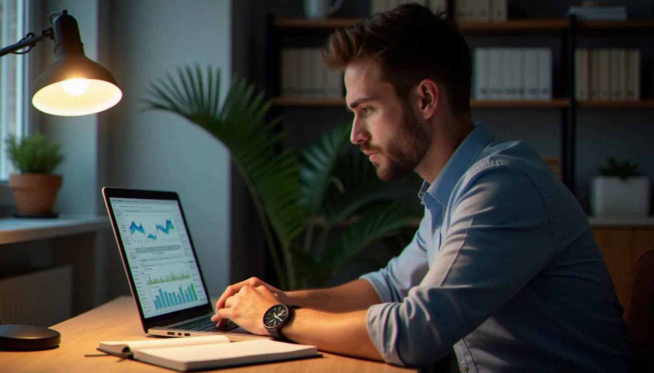 Professionnel suivant un programme de formation en ligne en corporate finance institute depuis son bureau à domicile, prenant des notes sur ses modèles financiers