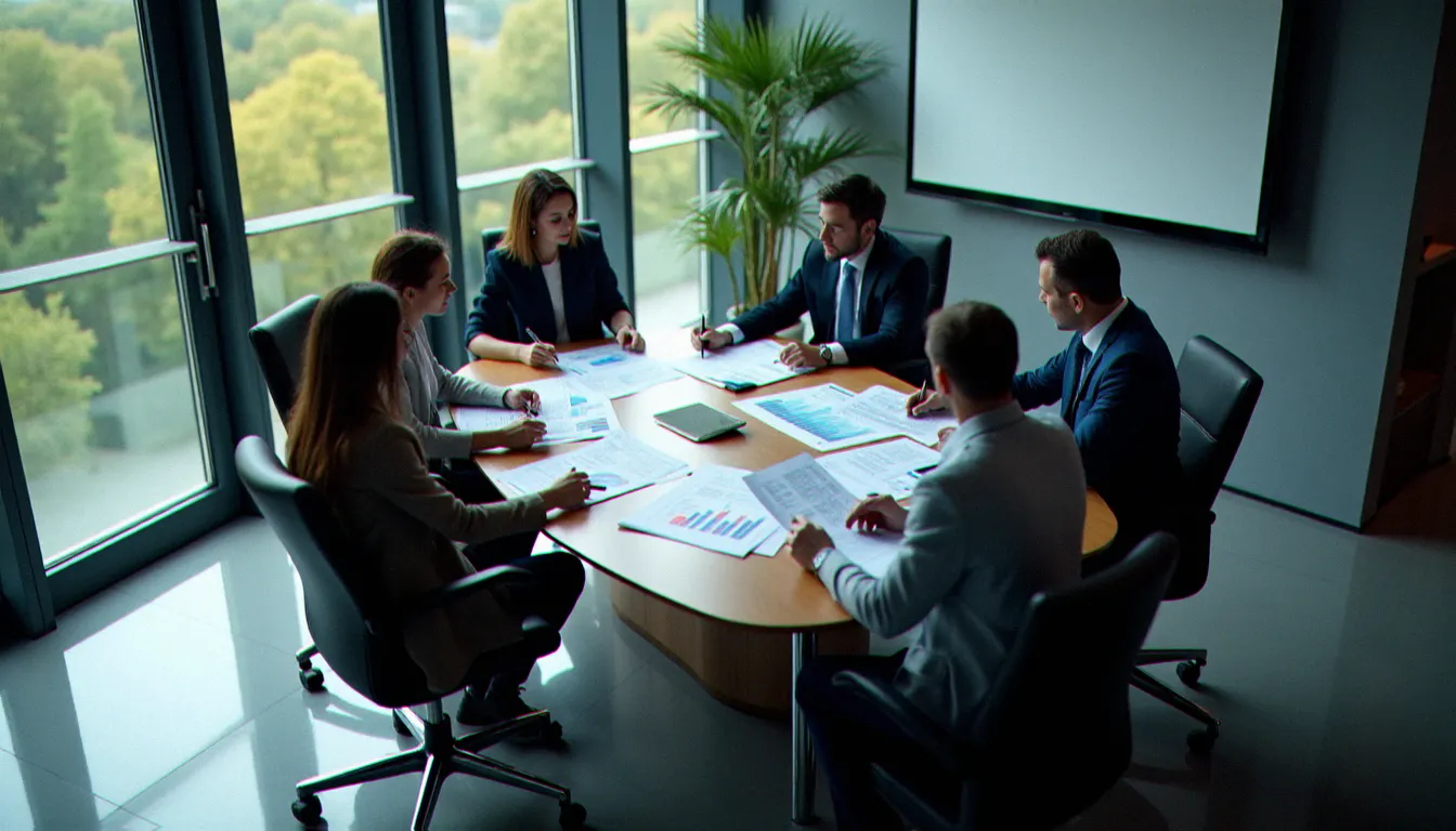 Équipe dirigeante mixte analysant des rapports financiers prévisionnels en salle de conférence moderne, appliquant les méthodes du corporate finance institute à leur stratégie d'entreprise