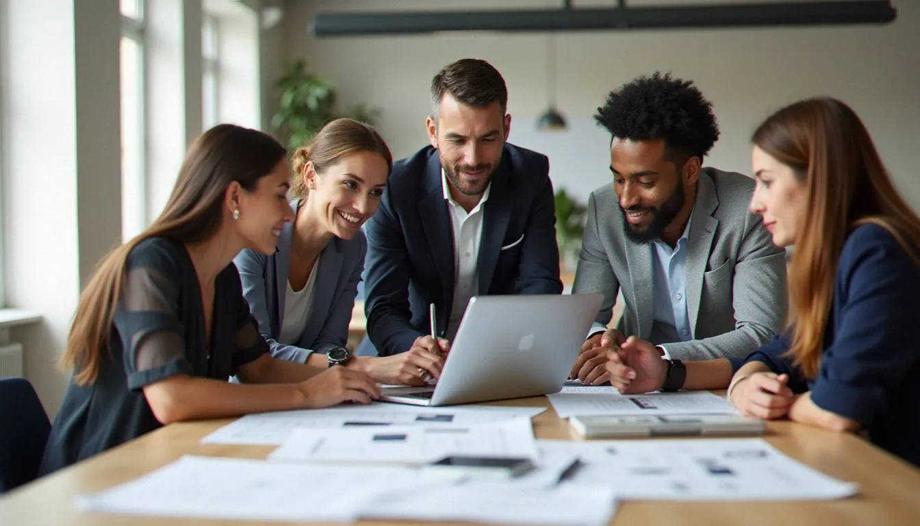 Équipe de PME française analysant leur stratégie d'image corporate autour d'un document de positionnement dans un bureau moderne