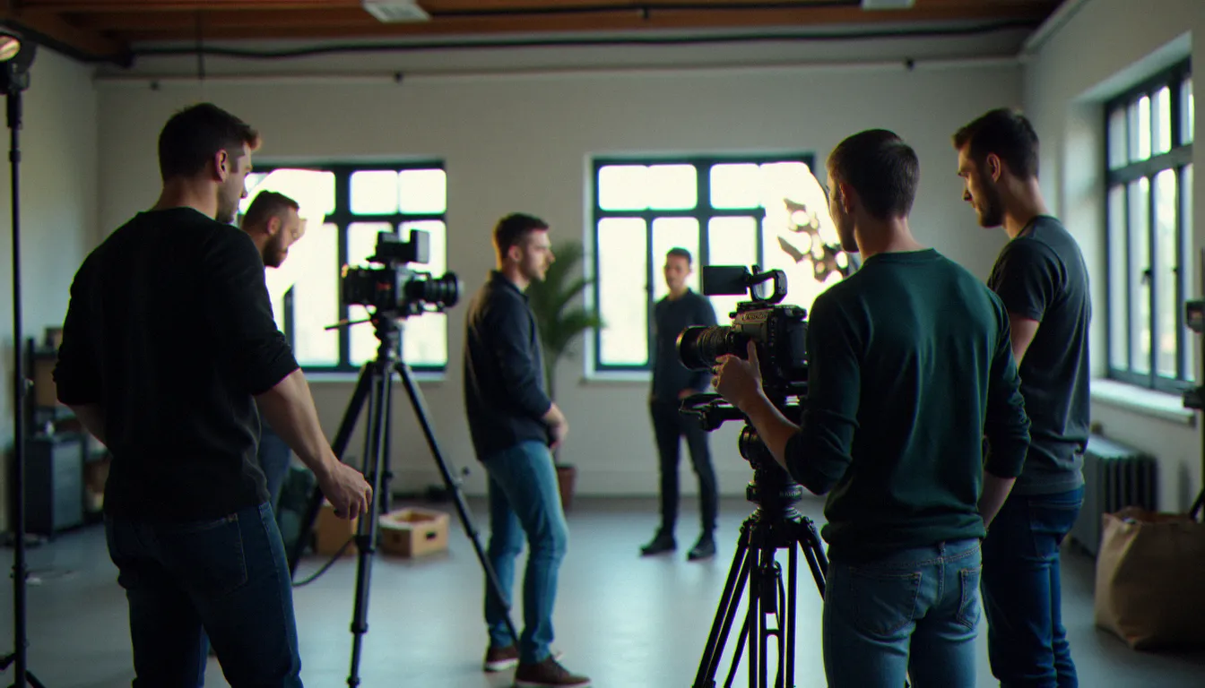 Équipe de production audiovisuelle en tournage d'un contenu corporate dans un espace industriel moderne