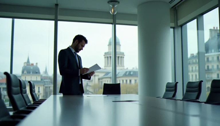 Dirigeant d'entreprise en réunion stratégique dans un bureau parisien moderne, illustrant la communication corporate France 4