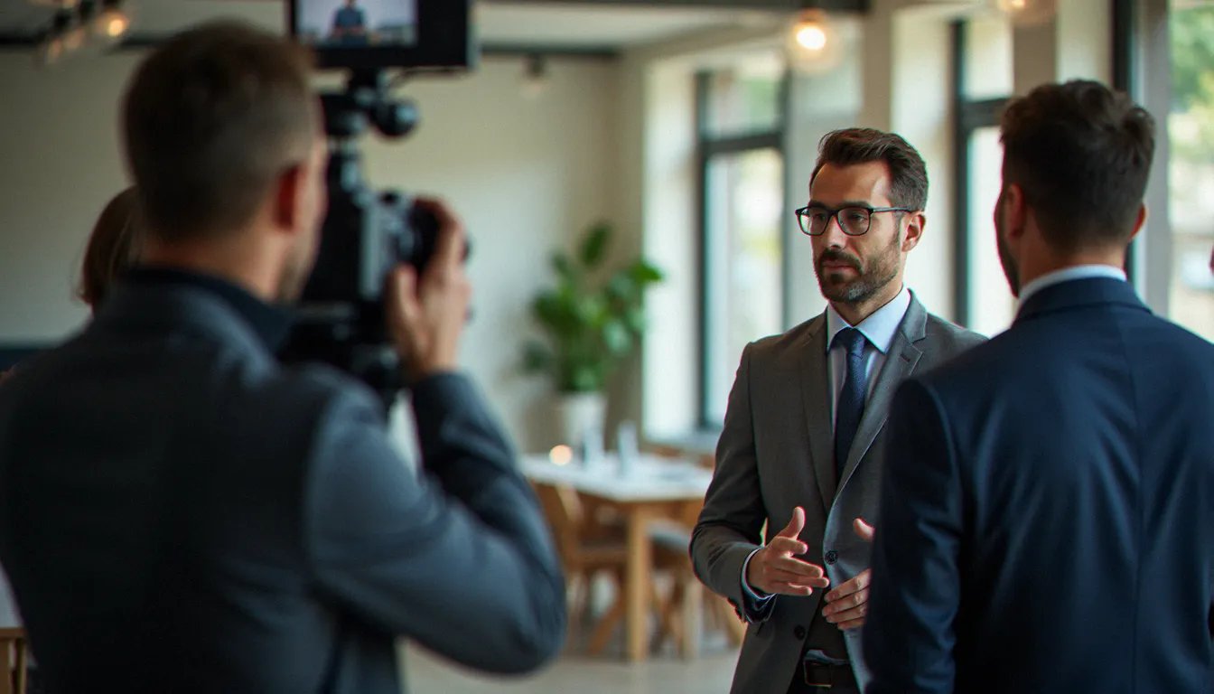 Interview d'un dirigeant d'entreprise française pour une production vidéo corporate, équipe technique au travail dans un bureau moderne lumineux