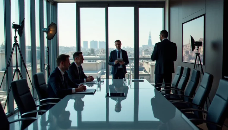 Équipe de production corporate France TV installant des équipements de tournage dans une salle de direction parisienne avec vue sur la ville