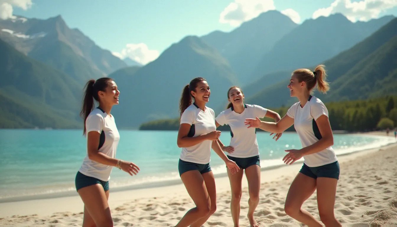 Équipe mixte de salariés jouant au volleyball lors d'une compétition inter-entreprises au bord du lac d'Annecy, dans une ambiance à la fois sportive et détendue