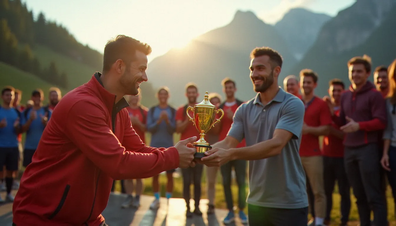 Remise de trophée lors des Corporate Games Annecy, une équipe de collaborateurs célébrée sur le podium en plein air avec un cadre montagnard alpin en arrière-plan