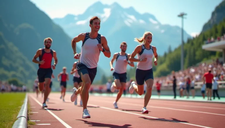 Des collaborateurs d'entreprises participant aux Corporate Games Annecy lors d'une épreuve de course à pied en bord de lac alpin, en tenue de sport aux couleurs de leur société