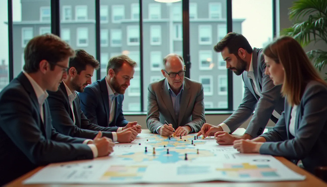Collaborateurs de bureau concentrés autour d'une table de jeu stratégique lors d'un atelier de corporate games en intérieur, dynamique de groupe et coopération visible