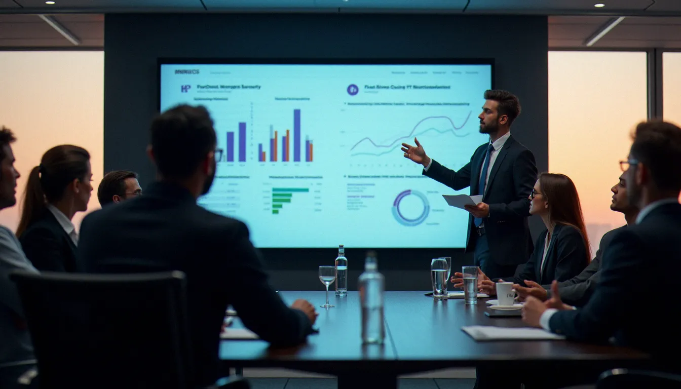 Responsable événementiel présentant des indicateurs de performance et de ROI liés aux corporate games devant des dirigeants et managers RH dans une salle de réunion moderne