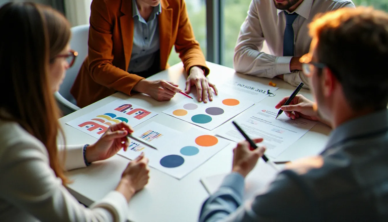 Équipe marketing en réunion autour de supports de charte graphique et de composants d'un corporate guide étalés sur une table de conférence