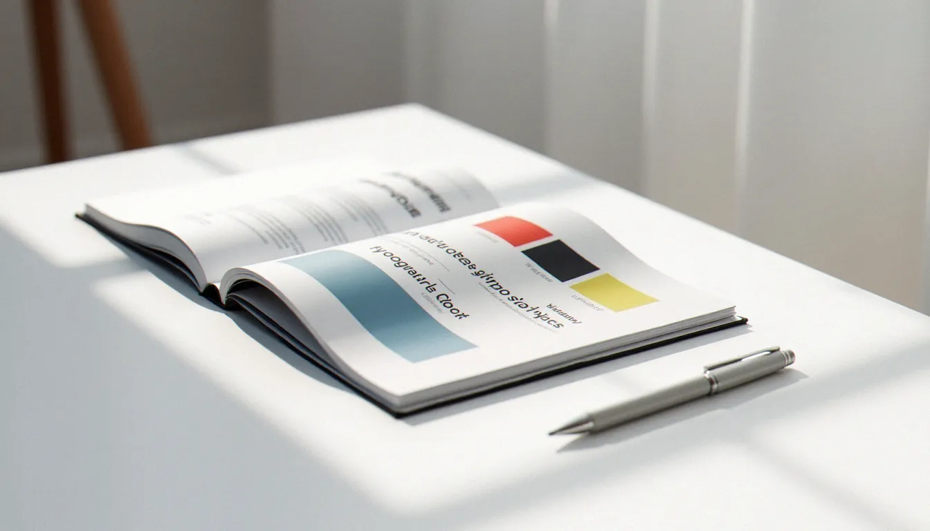 Vue rapprochée d'un corporate guide ouvert présentant des exemples de typographie et de palette de couleurs sur un bureau épuré