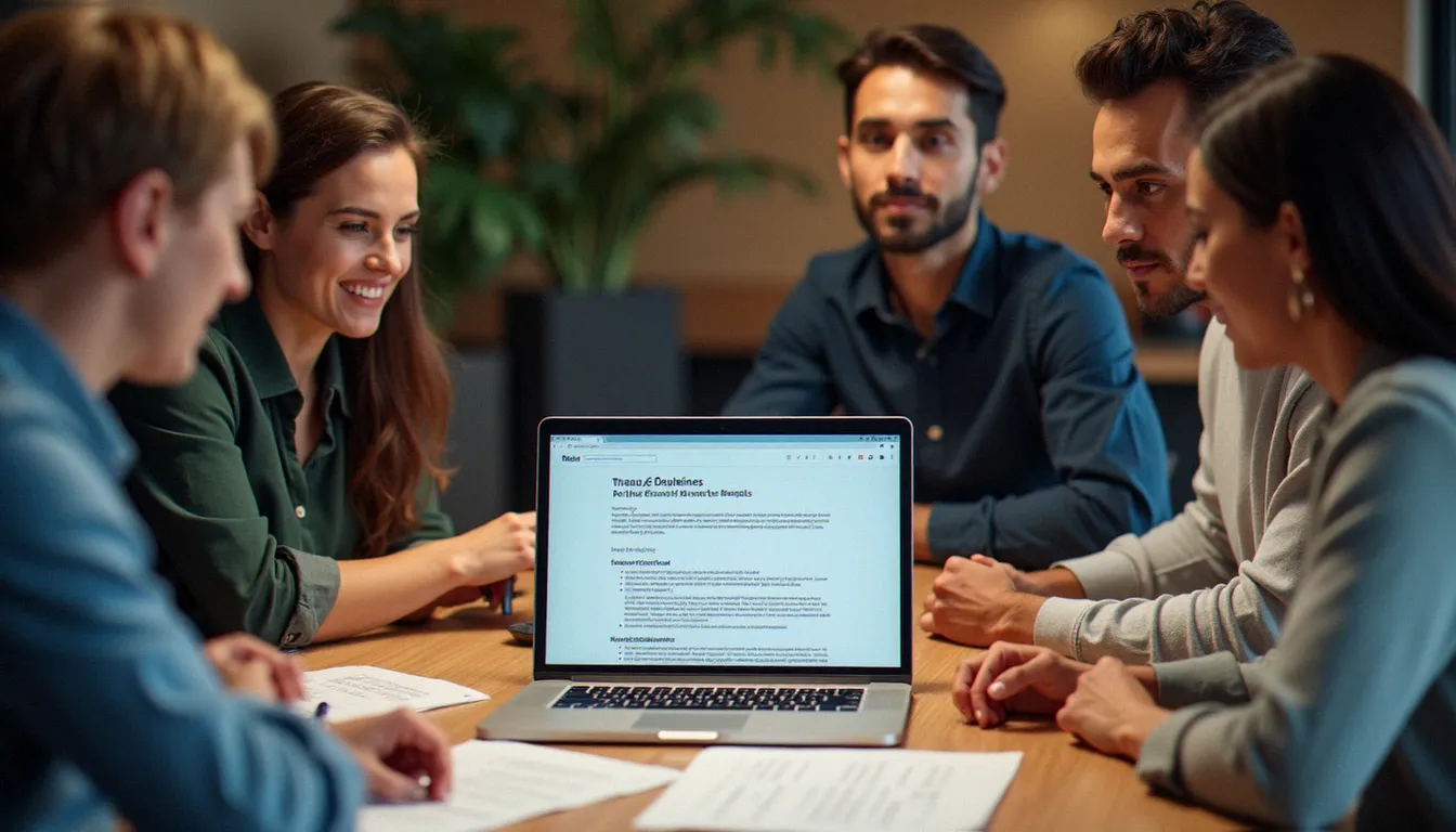 Équipe pluridisciplinaire travaillant ensemble sur la structure d'un document de corporate guidelines lors d'un atelier de travail en entreprise