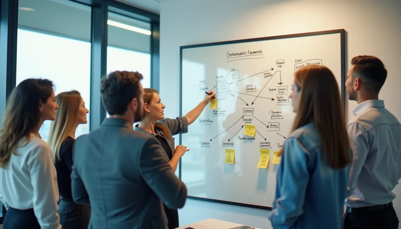 Équipe de consultants travaillant sur l'adaptation d'un cadre de directives corporatives dans un open space contemporain