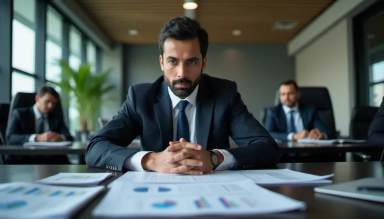 Dirigeant d'entreprise étudiant les corporate guidelines of LIC dans une salle de conseil moderne