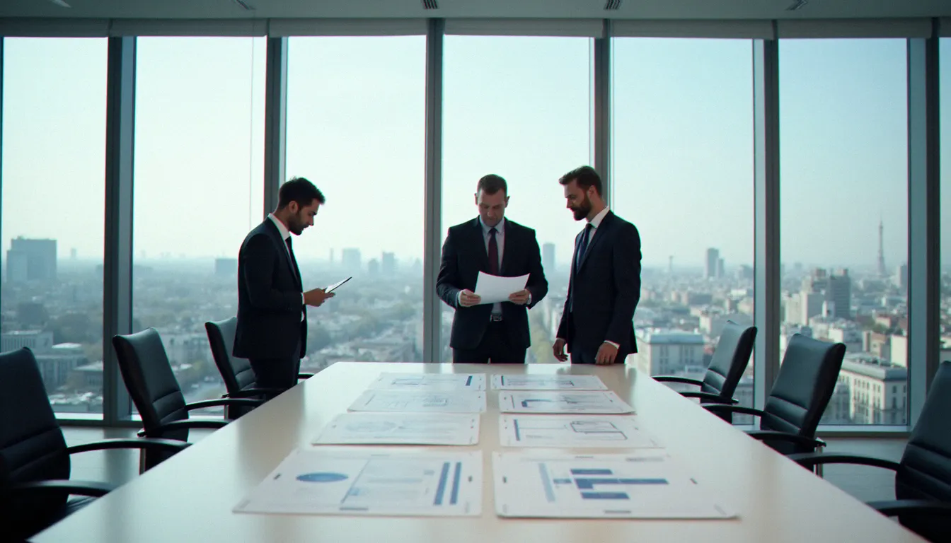 Salle de réunion moderne avec des dirigeants discutant d'une stratégie corporate autour d'une table de direction