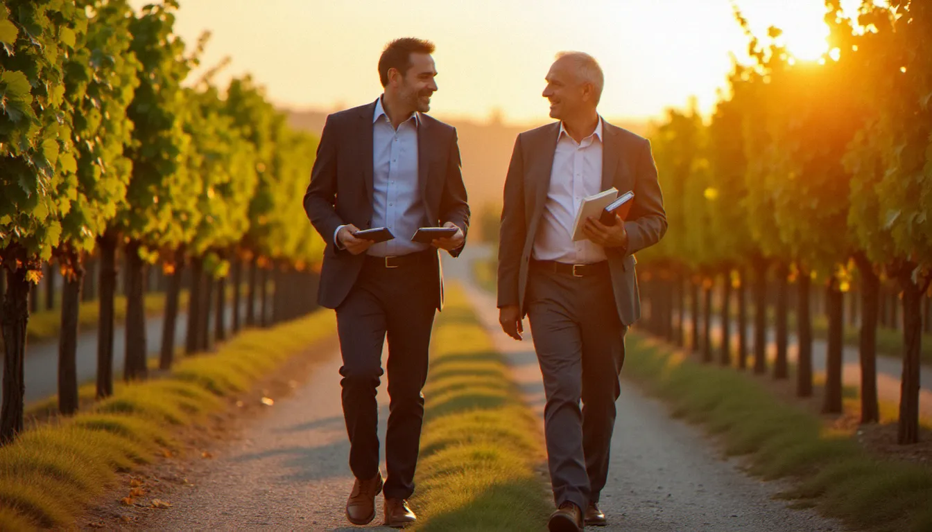 Deux cadres dirigeants en discussion stratégique lors d'une promenade dans un vignoble pendant un corporate retreat en France