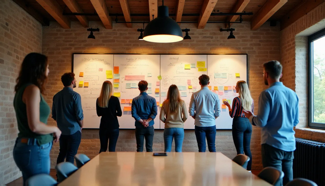 Atelier collaboratif lors d'un corporate retreat dans un espace reconverti, équipe autour d'un tableau blanc couvert de post-its colorés