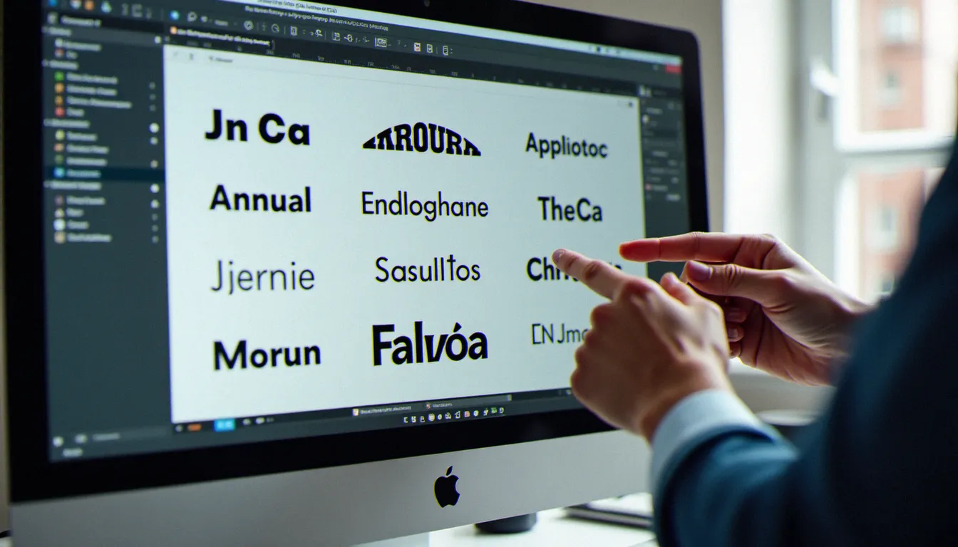 Designer graphique comparant des échantillons de typographies sans-serif sur un écran d'ordinateur lors du processus de sélection d'une police corporate
