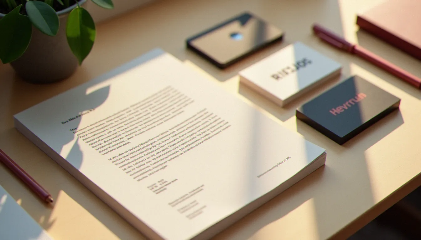 Système d'identité visuelle corporate cohérent avec typographie sans-serif uniforme sur cartes de visite, en-tête et brochure institutionnelle disposés sur un bureau