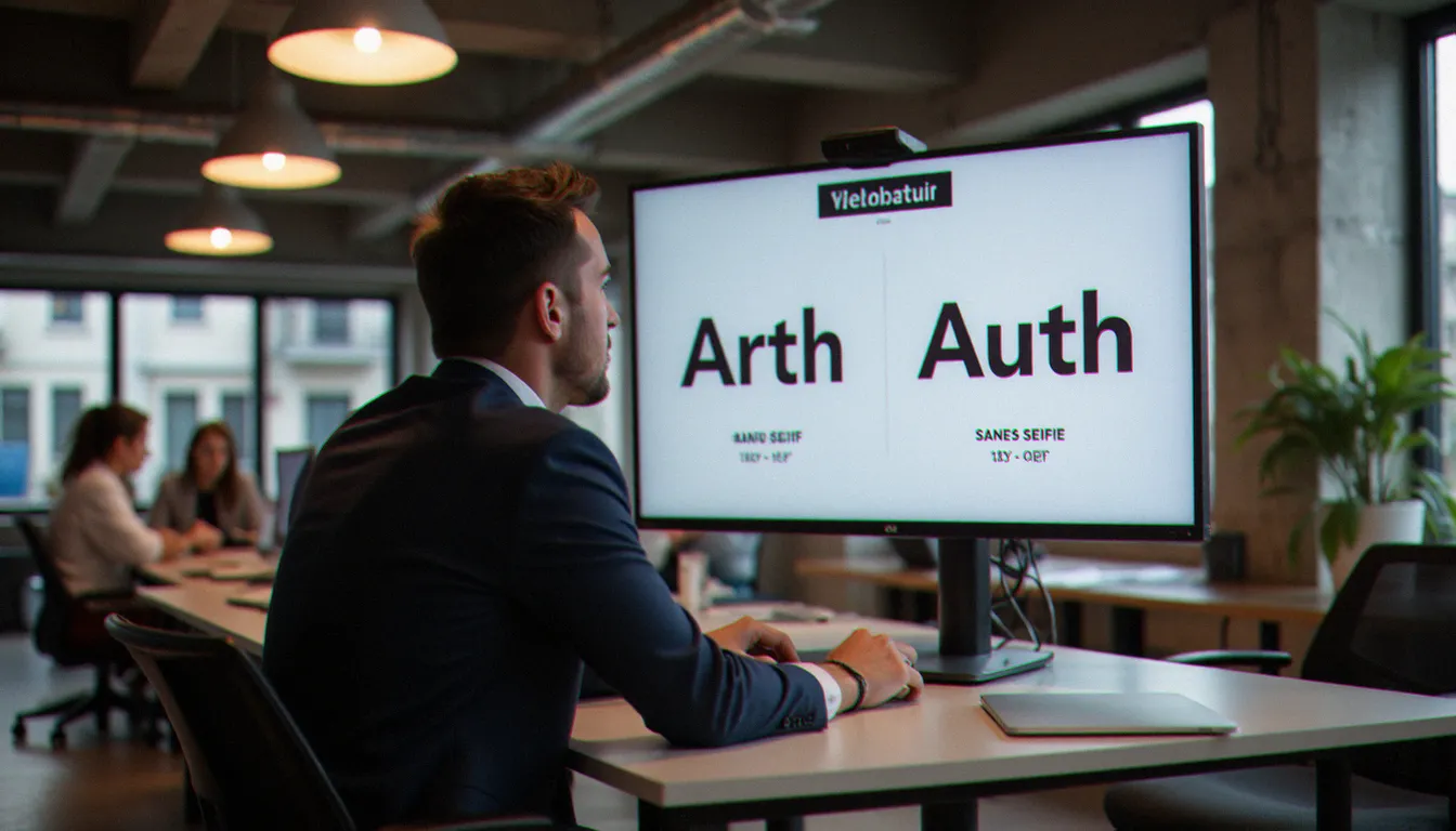 Consultant B2B analysant des exemples comparatifs de polices sans serif corporate sur un grand écran dans un bureau parisien moderne, dans le cadre d'un projet de stratégie de marque