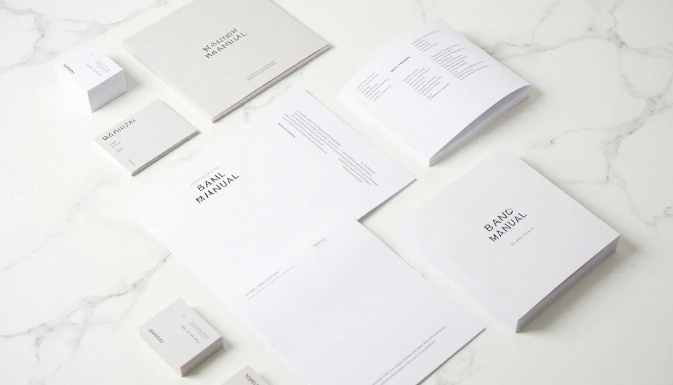 Kit complet d'identité visuelle corporate présenté en vue aérienne sur marbre blanc, illustrant l'intégration cohérente d'une police sans serif sur l'ensemble des supports de communication d'entreprise