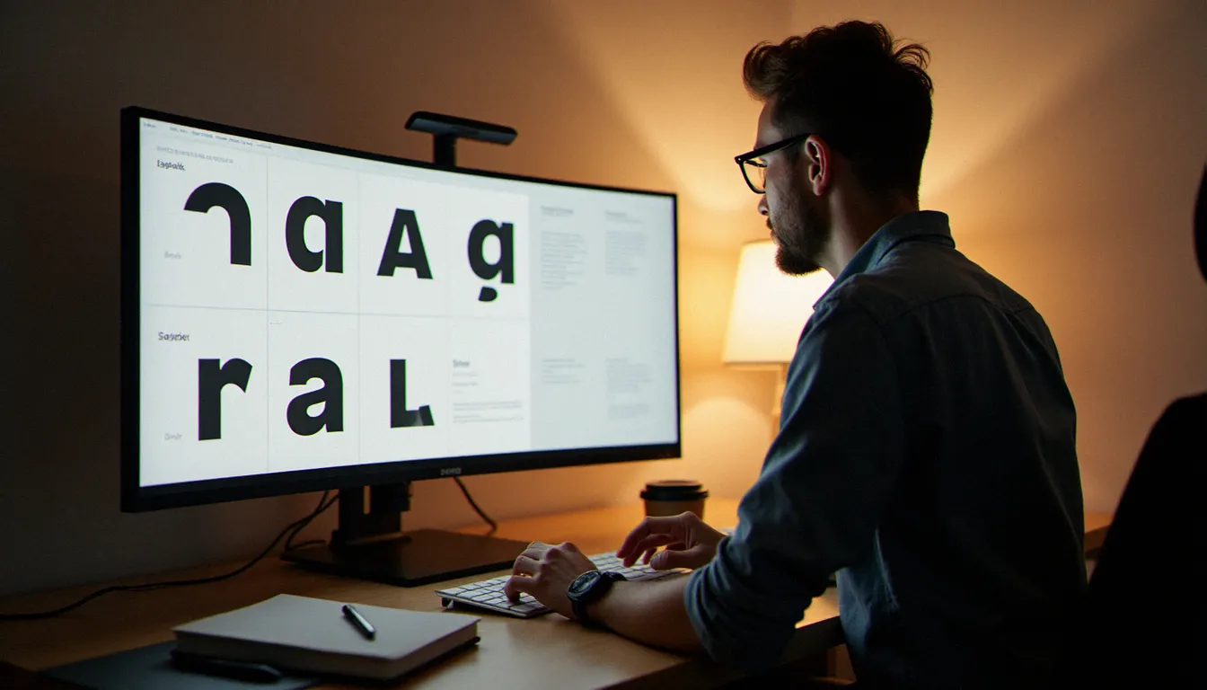 Designer senior comparant plusieurs familles de polices sans serif corporatives sur grand écran dans un studio de design professionnel épuré
