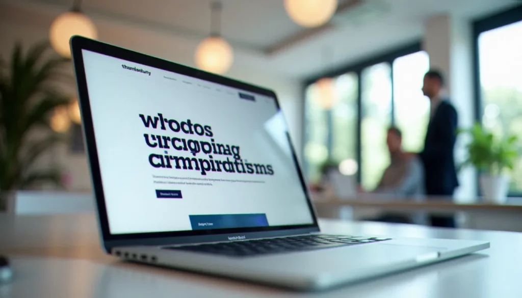 Bureau d'entreprise moderne avec ordinateur portable affichant un site web corporate utilisant des corporate sans serif fonts épurées dans un environnement professionnel lumineux