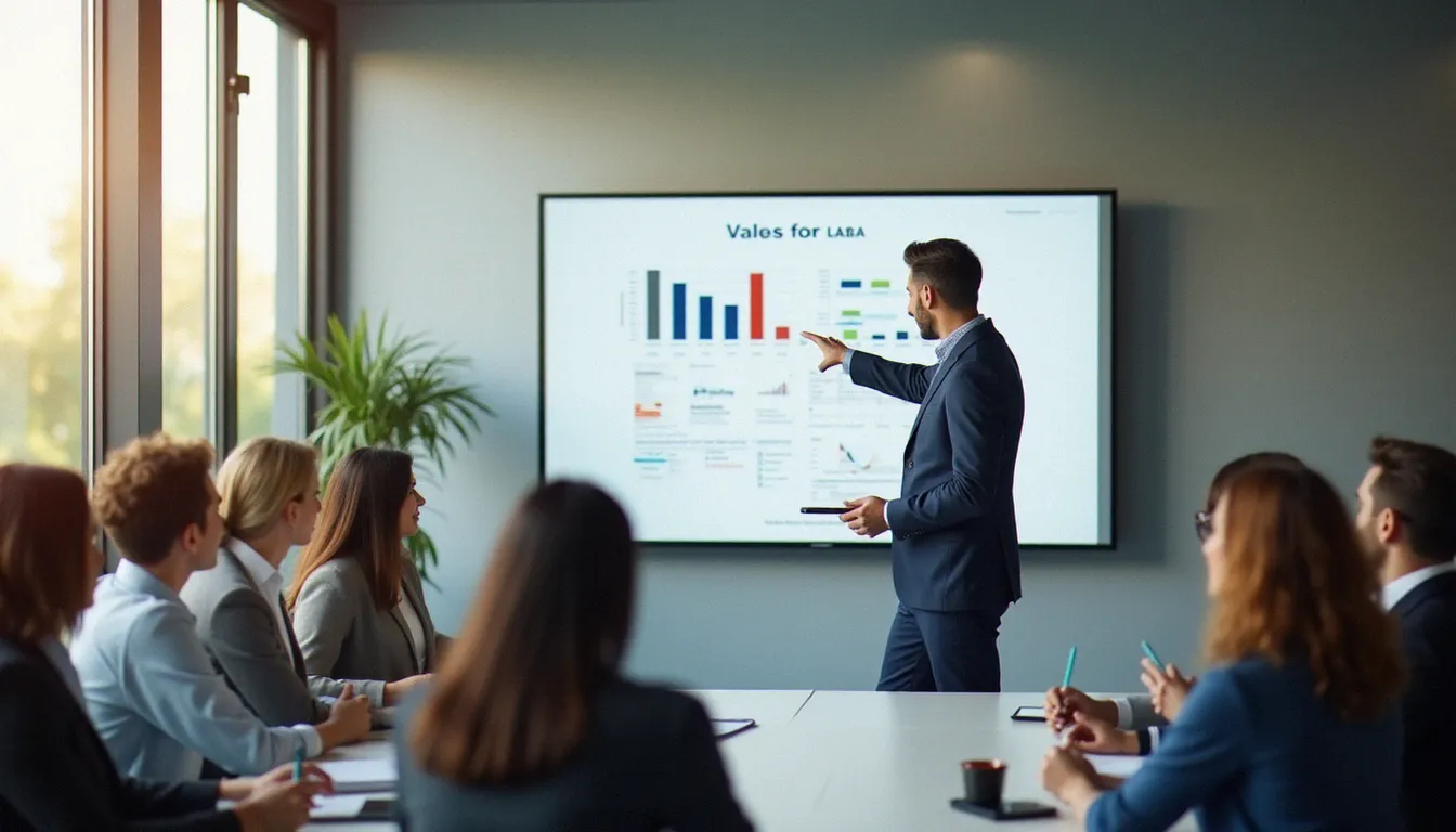 Manager présentant les valeurs organisationnelles à son équipe dans un bureau lumineux, symbolisant les piliers fondamentaux de la culture d'entreprise
